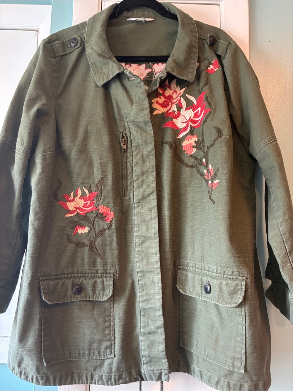 CJ Banks Olive Green Utility Jacket with Pink Floral Embroidery